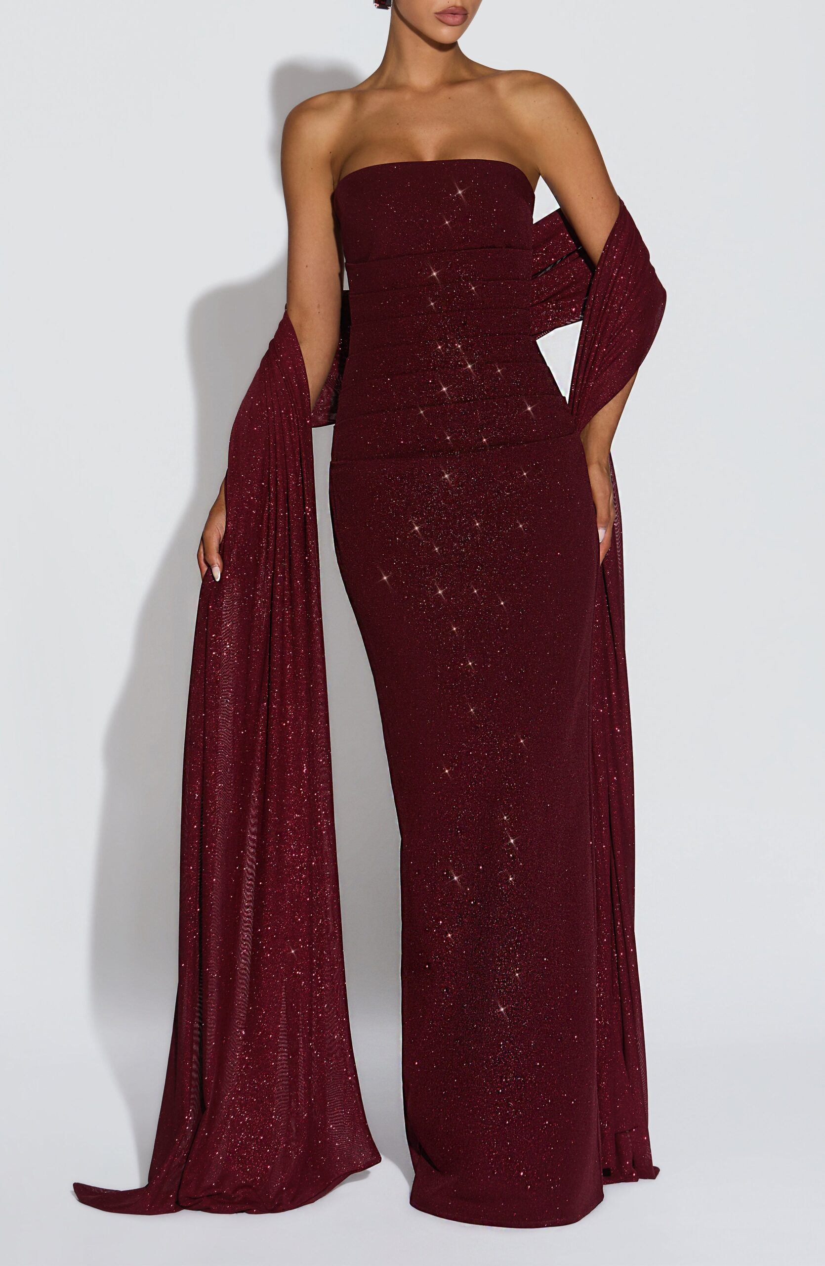 Wine Red Glitter Mesh Wrap for Evening Wear
