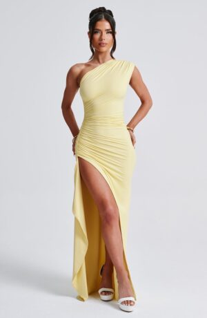Lemon Yellow One Shoulder Maxi Dress Bodycon Fit