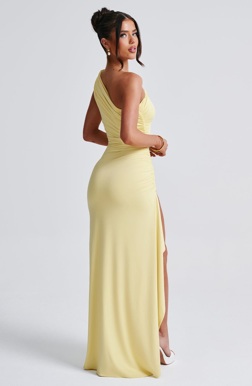 Lemon Yellow One Shoulder Maxi Dress Bodycon Fit - Image 5