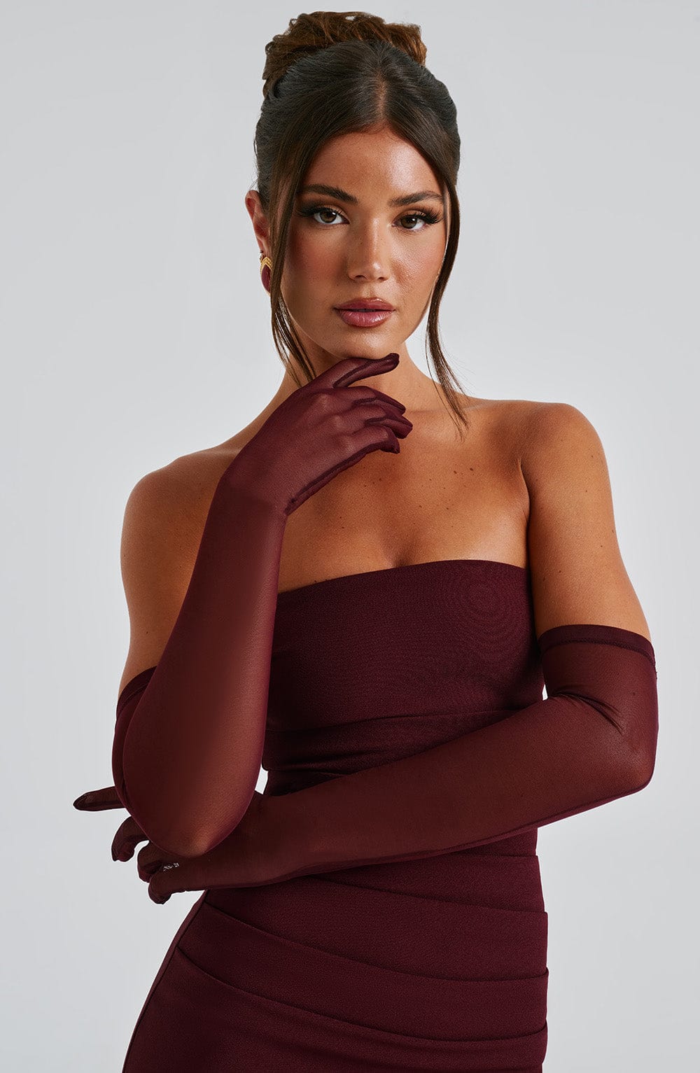 Elbow Length Sheer Mesh Gloves - Deep Cherry Red - Image 4