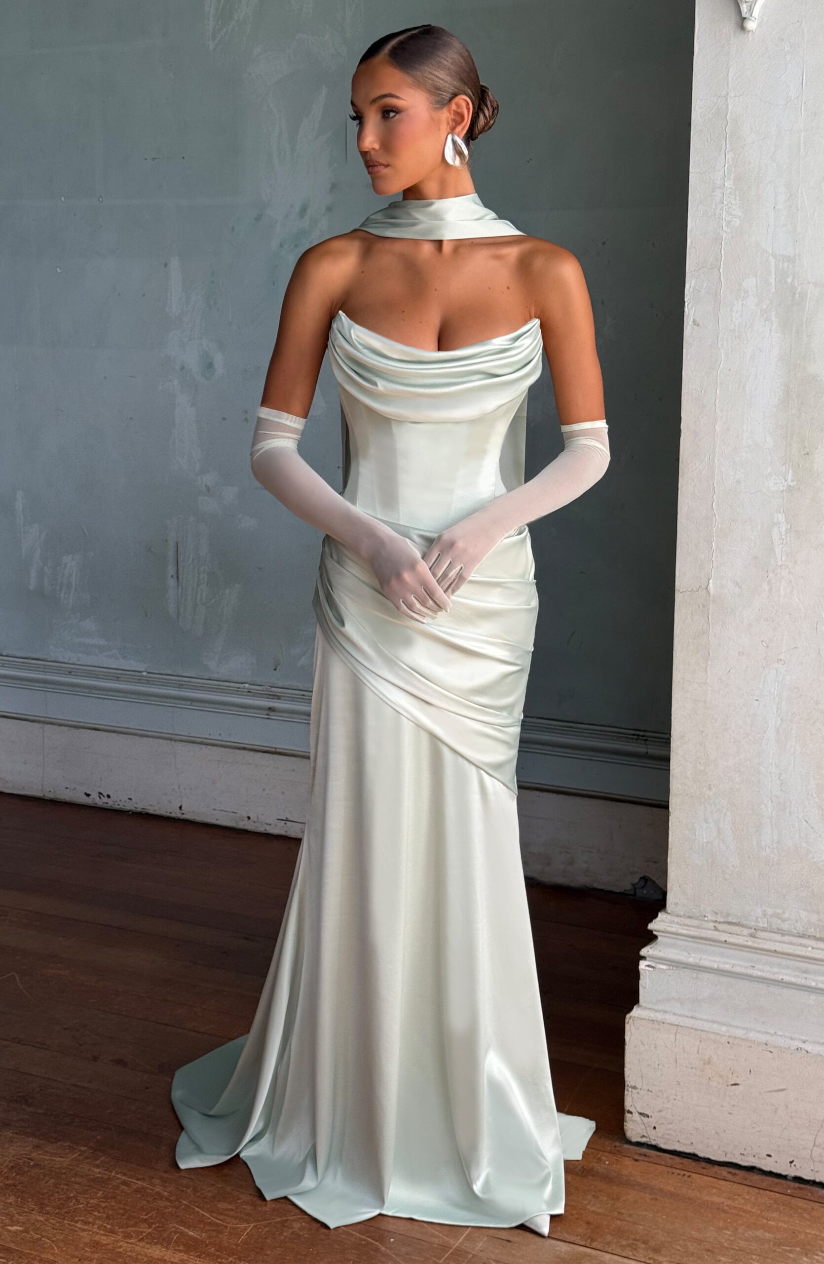 Mint Sheer Mesh Elbow Length Fashion Gloves - Image 4