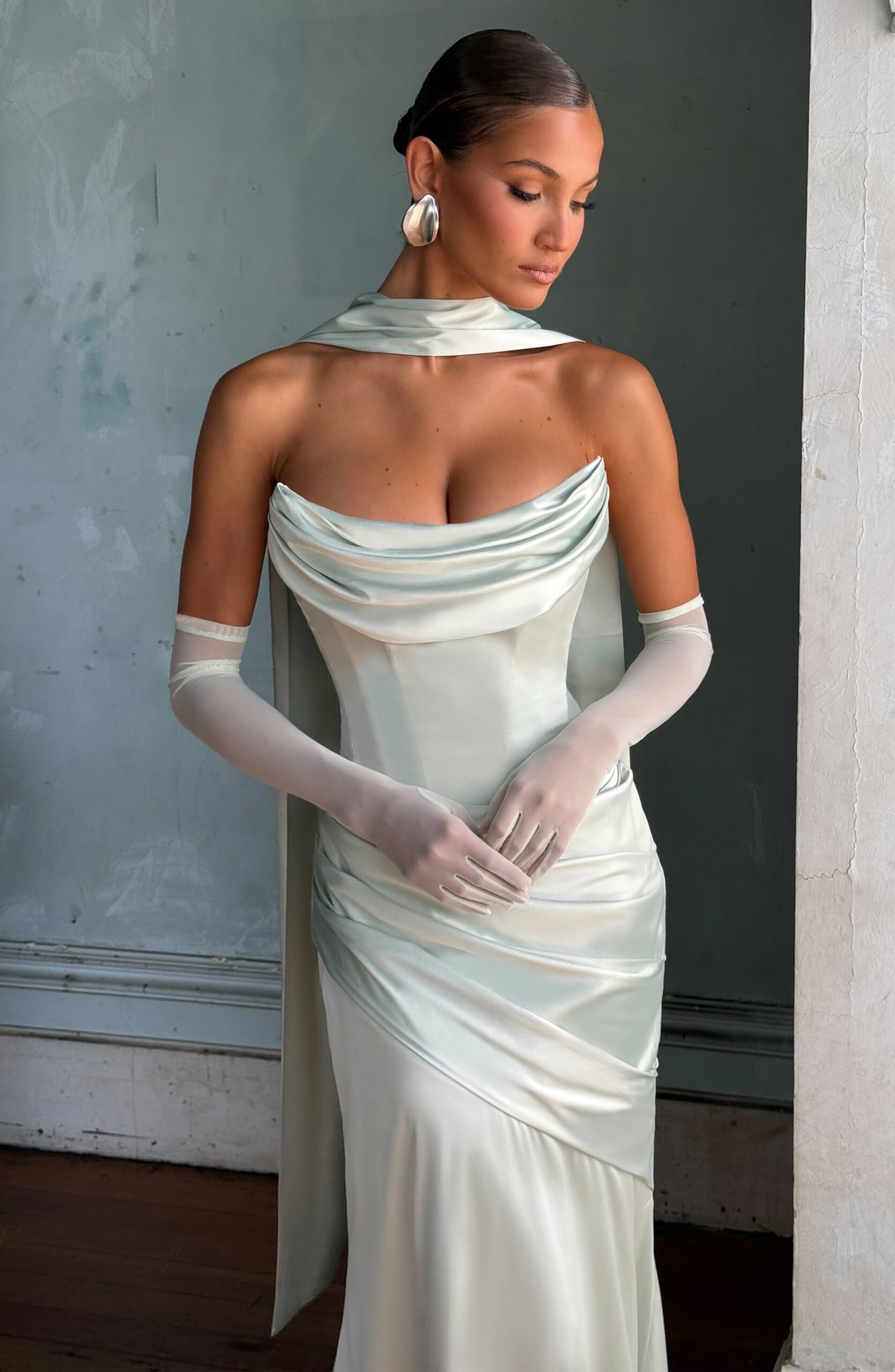 Mint Sheer Mesh Elbow Length Fashion Gloves - Image 3