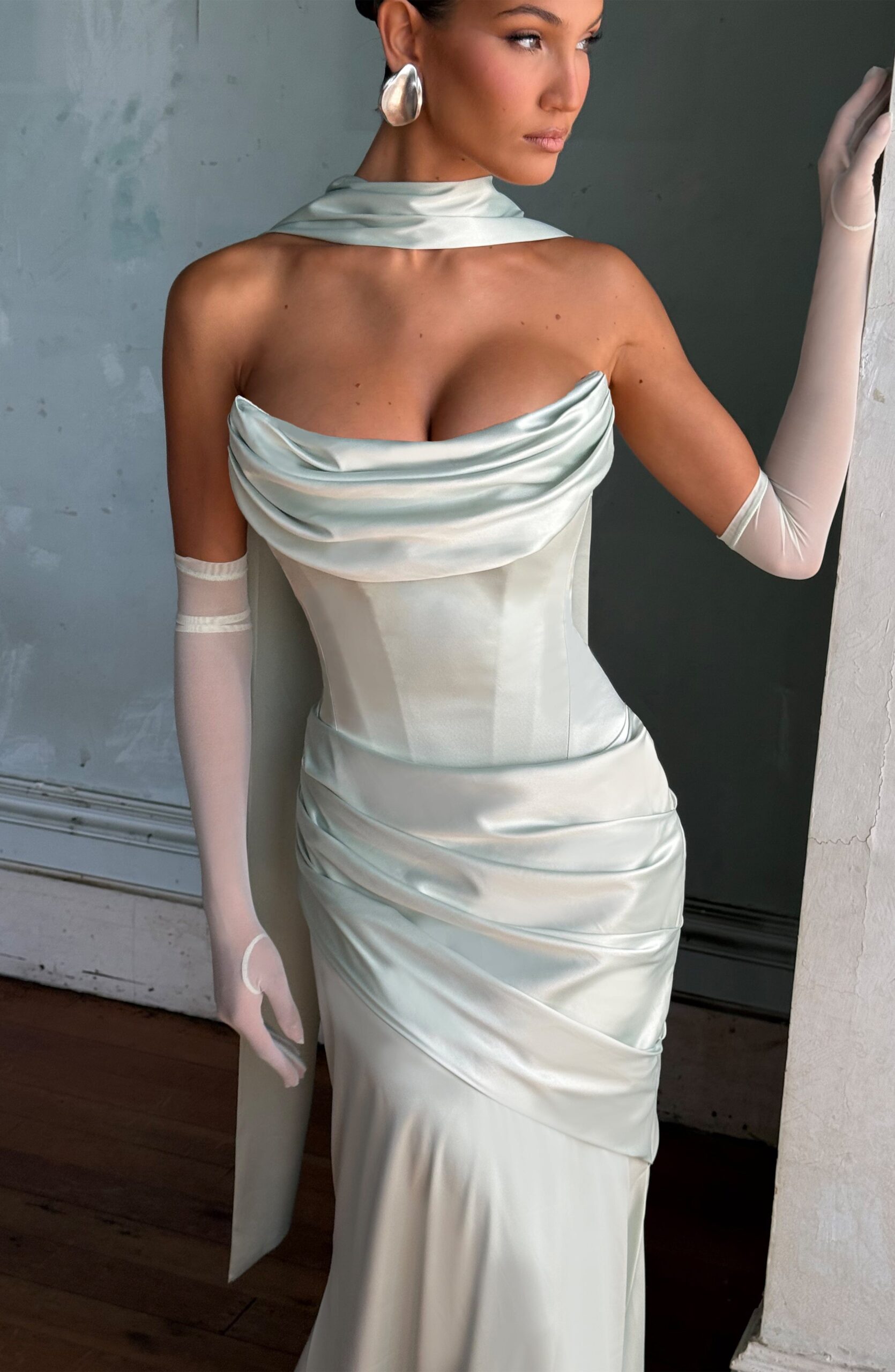 Mint Sheer Mesh Elbow Length Fashion Gloves - Image 2