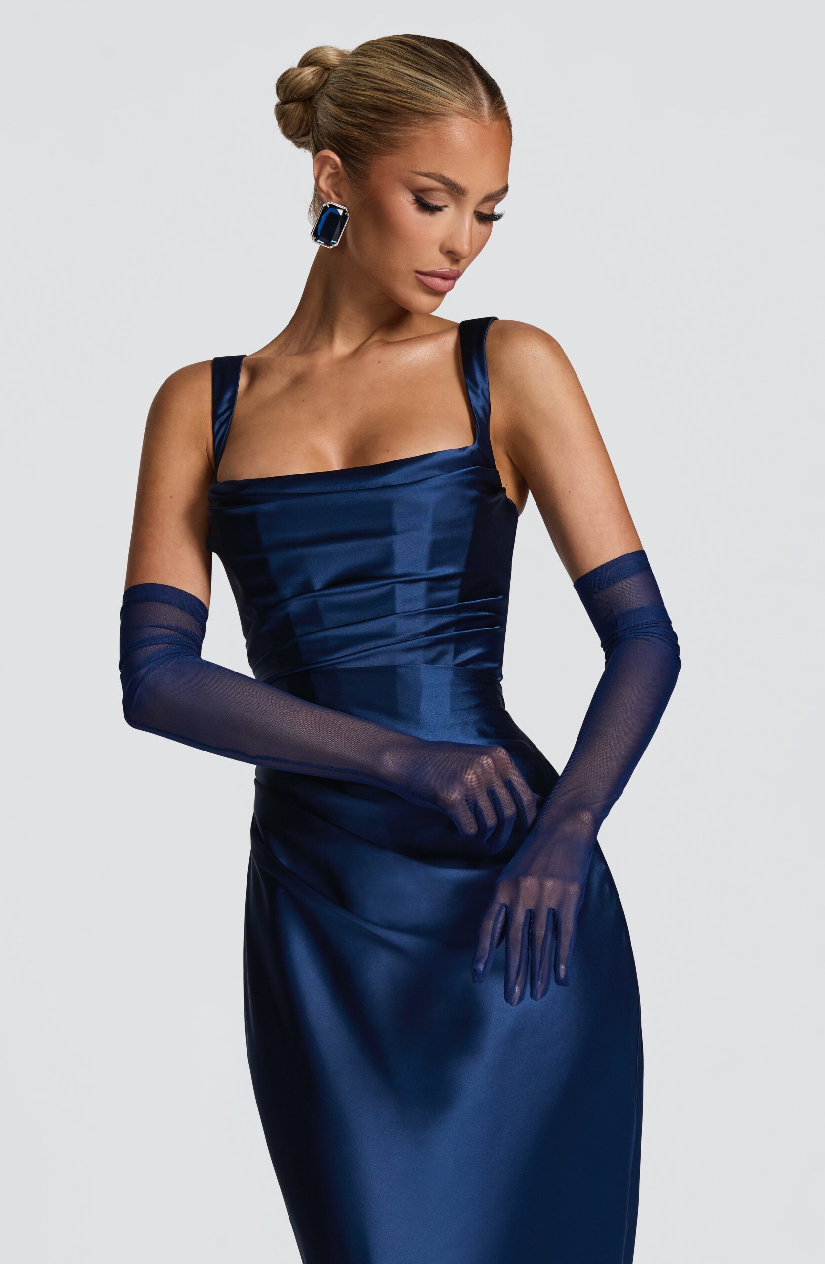 Navy Mesh Elbow Length Formal Gloves - Image 4
