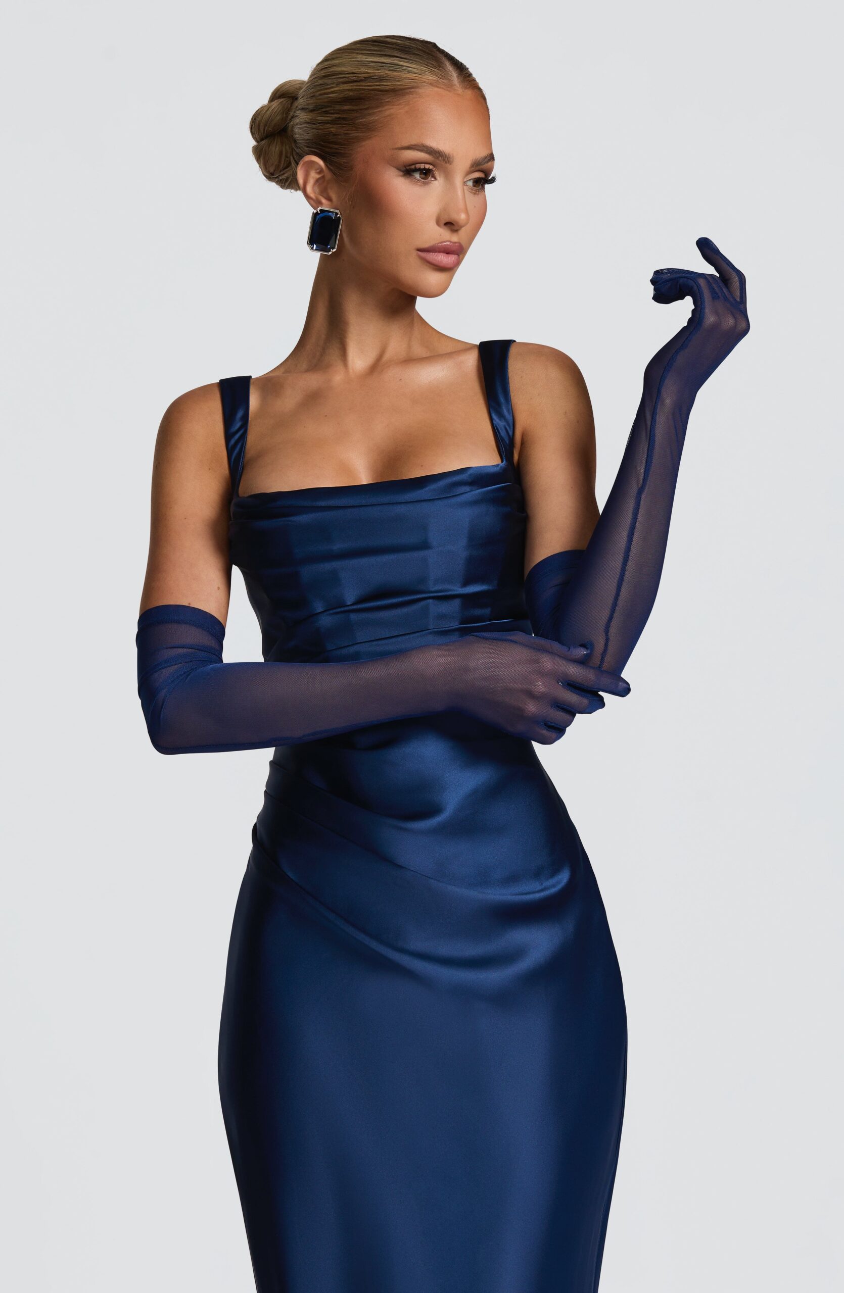 Navy Mesh Elbow Length Formal Gloves - Image 2