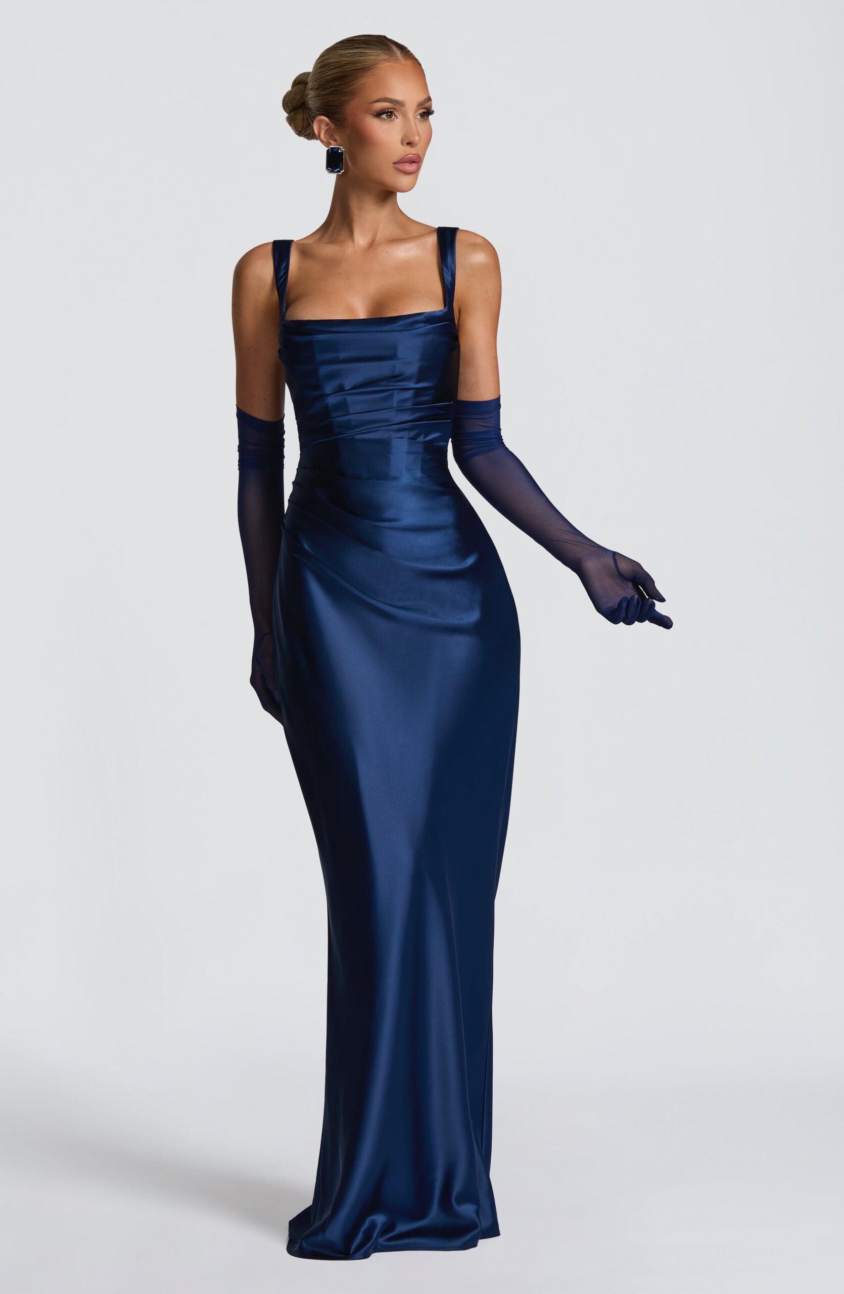 Navy Mesh Elbow Length Formal Gloves - Image 3