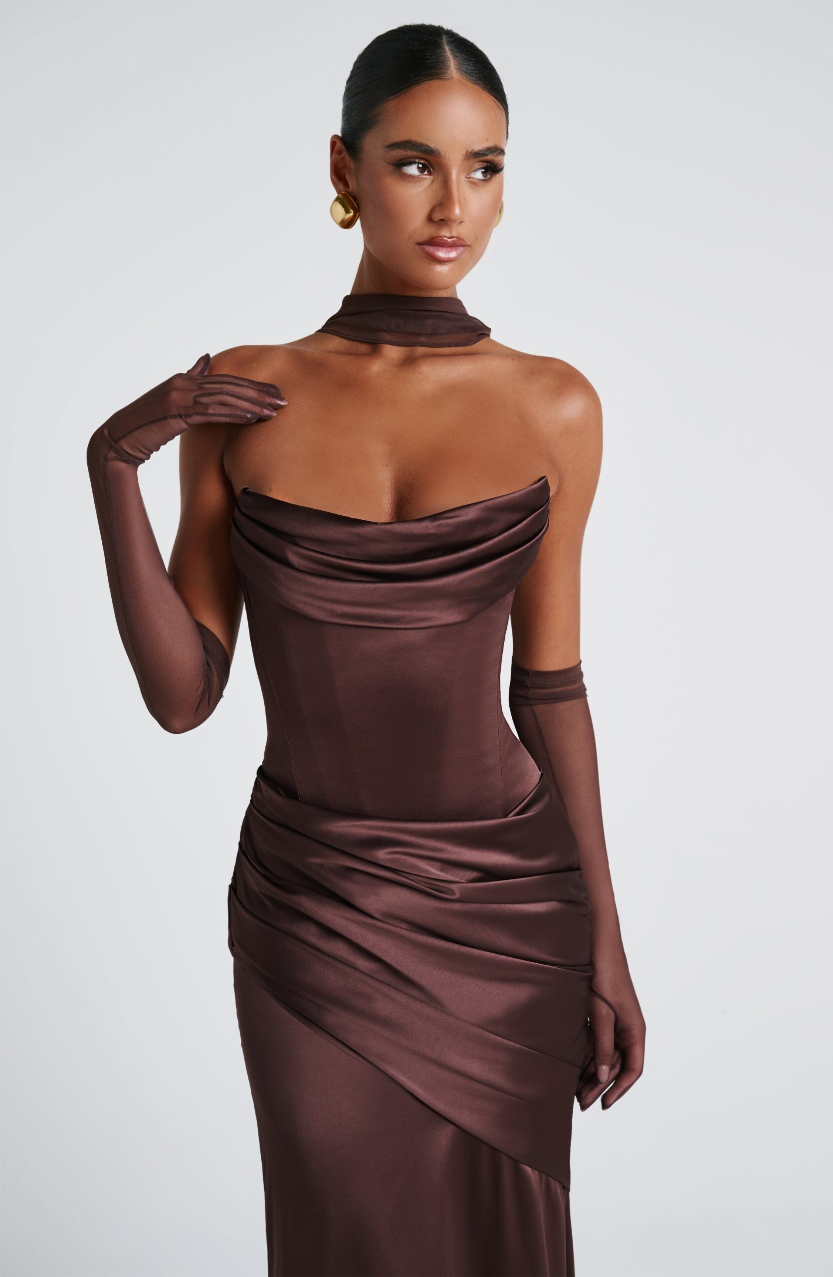 Sheer Mesh Opera Gloves Plum Brown Elbow Length