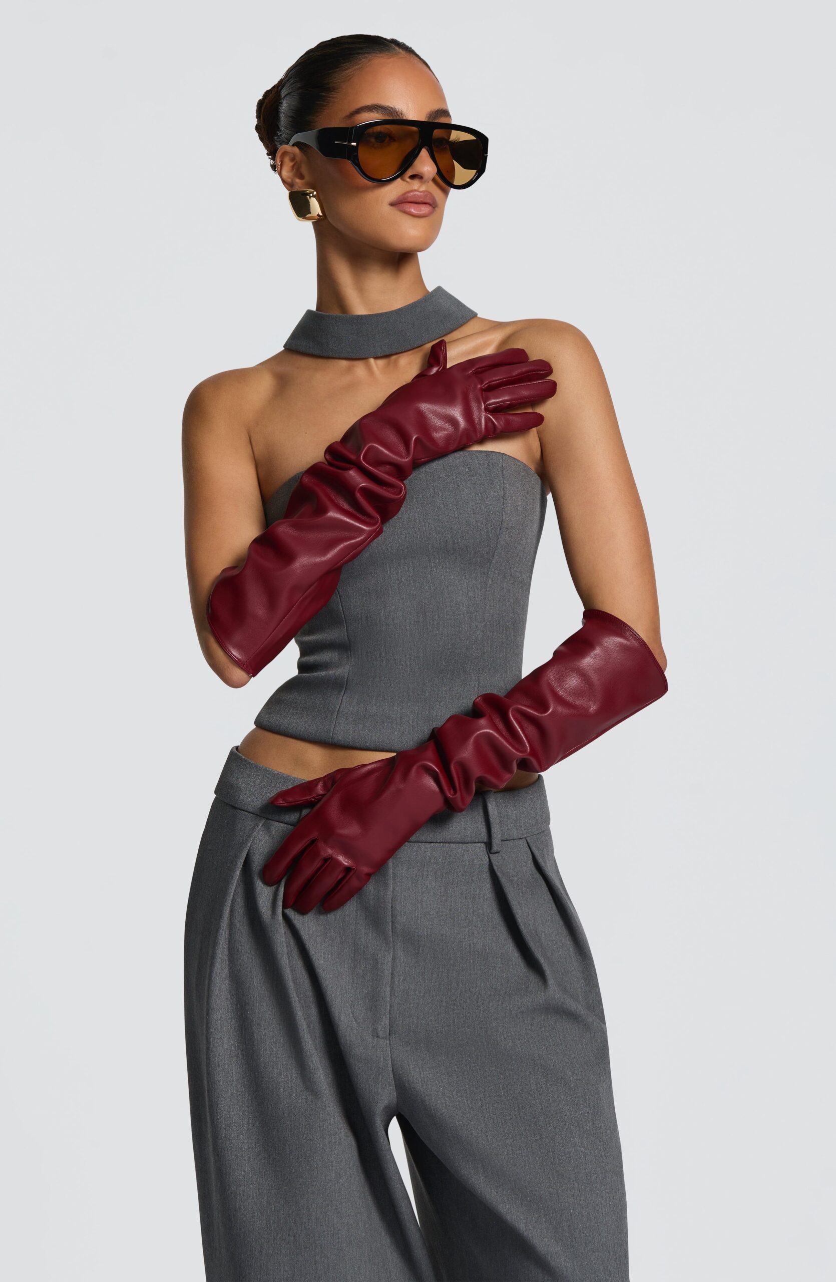 Faux Leather Opera Gloves – Burgundy Long Evening Style - Image 2