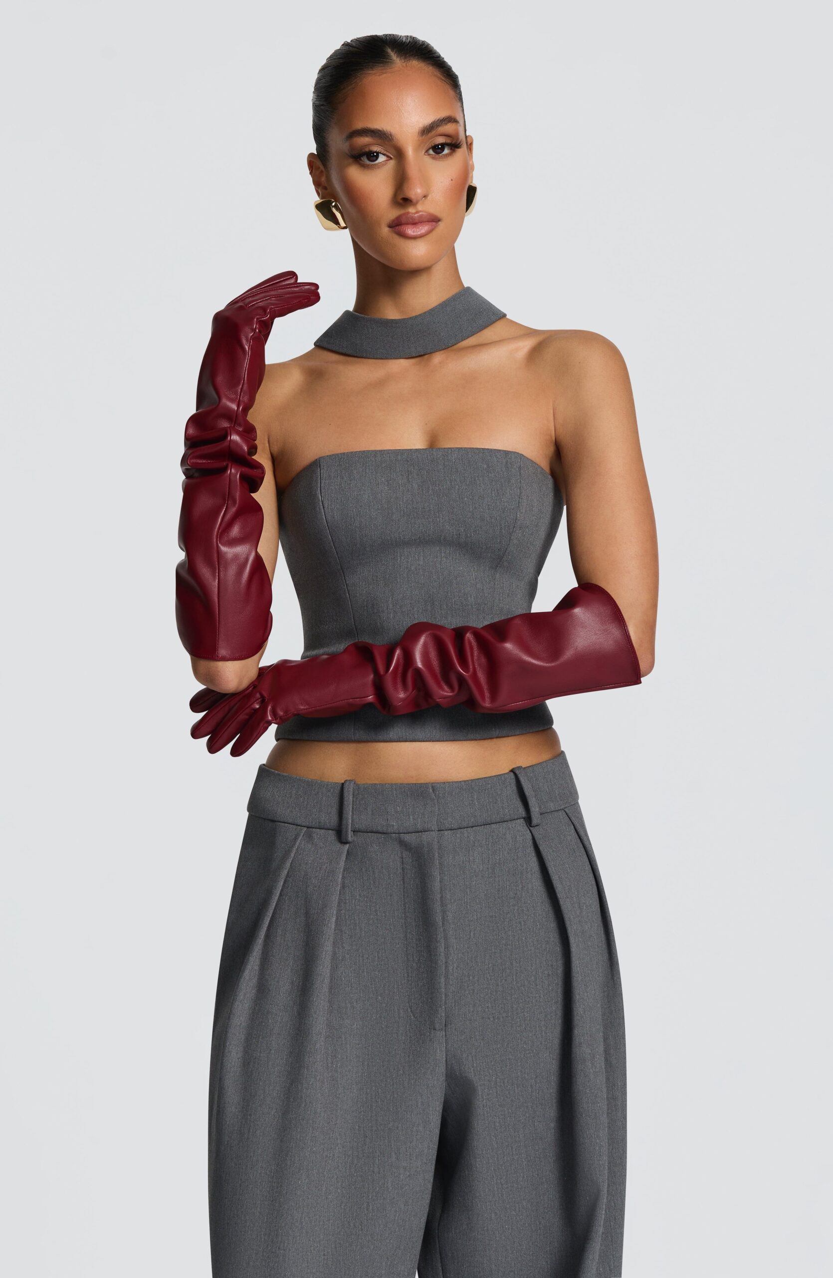 Faux Leather Opera Gloves – Burgundy Long Evening Style - Image 7