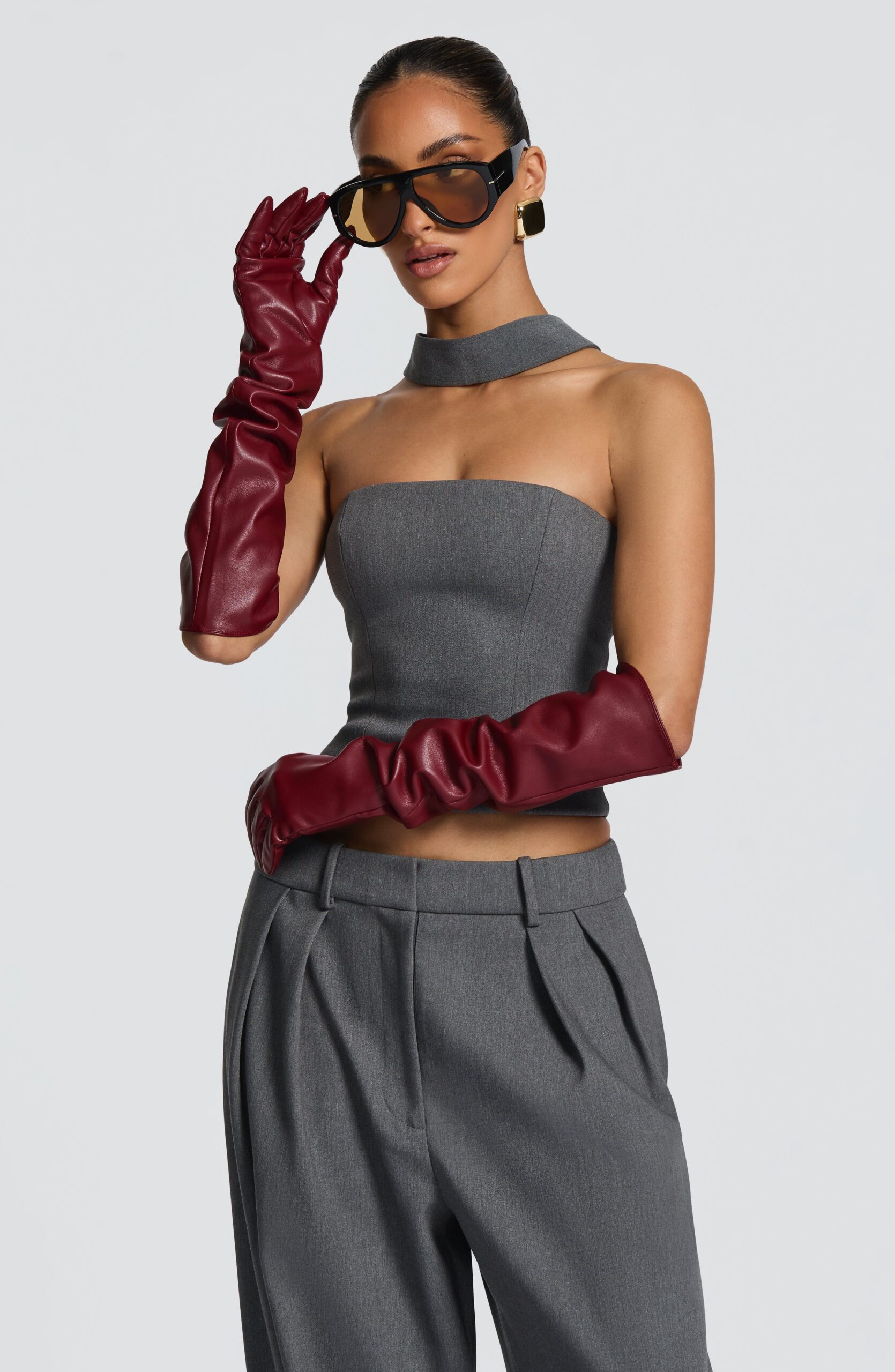 Faux Leather Opera Gloves – Burgundy Long Evening Style - Image 3
