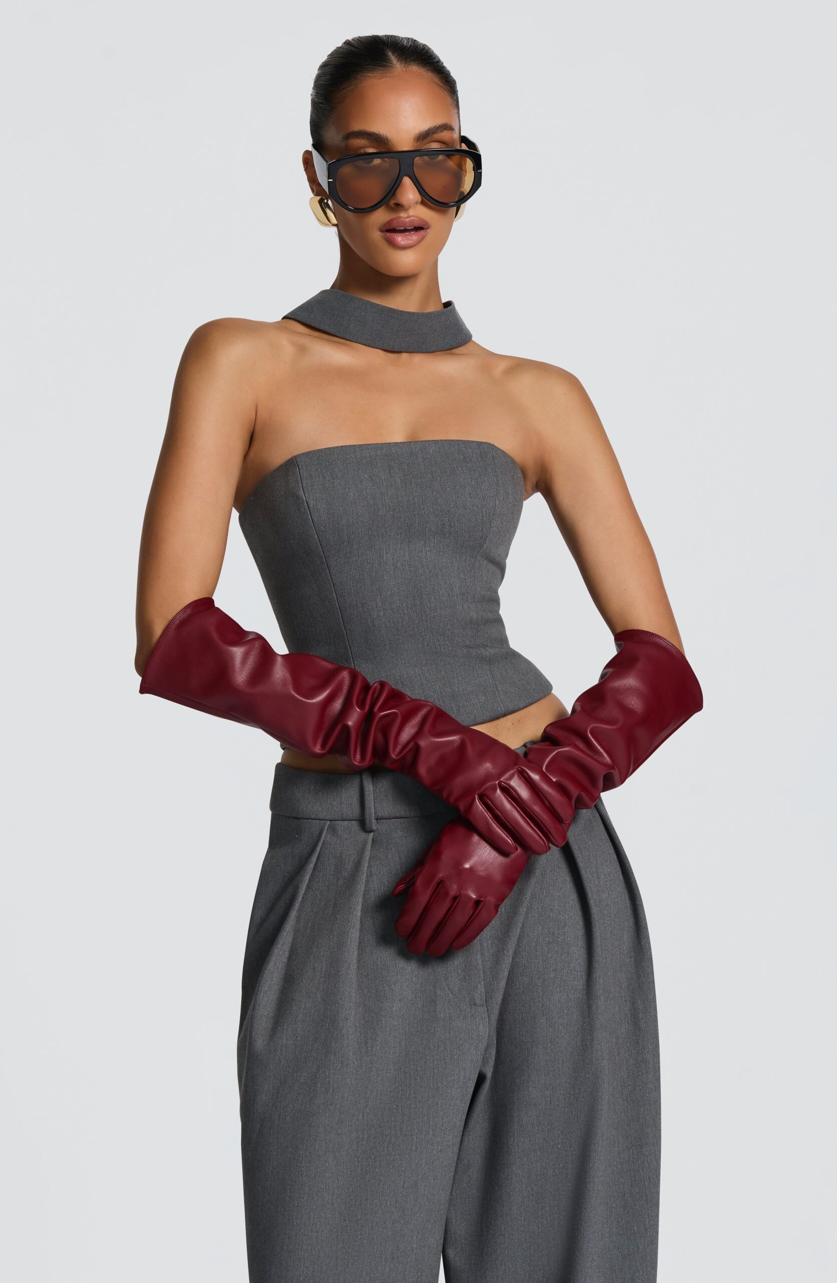 Faux Leather Opera Gloves – Burgundy Long Evening Style - Image 8