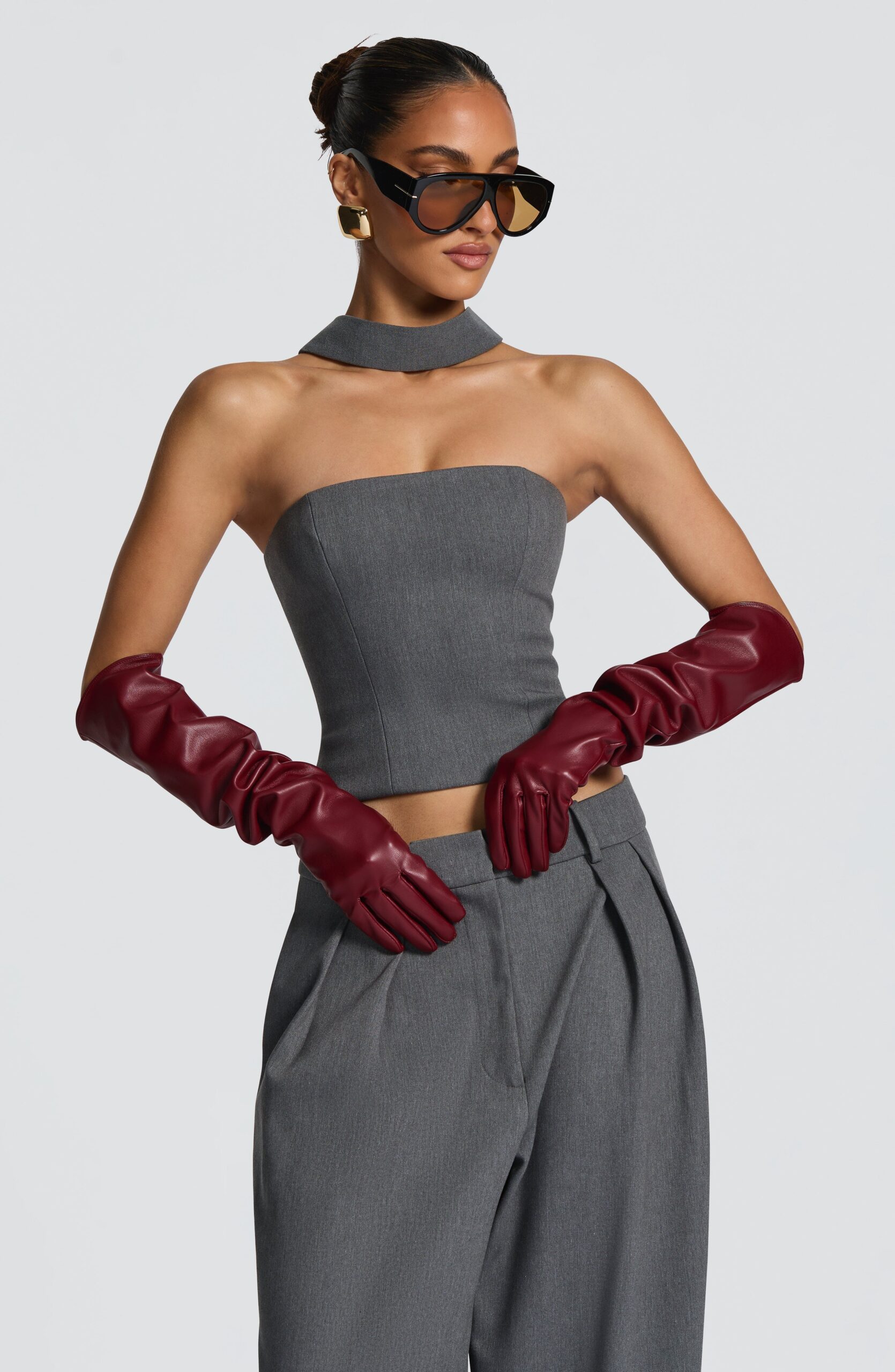 Faux Leather Opera Gloves – Burgundy Long Evening Style - Image 4