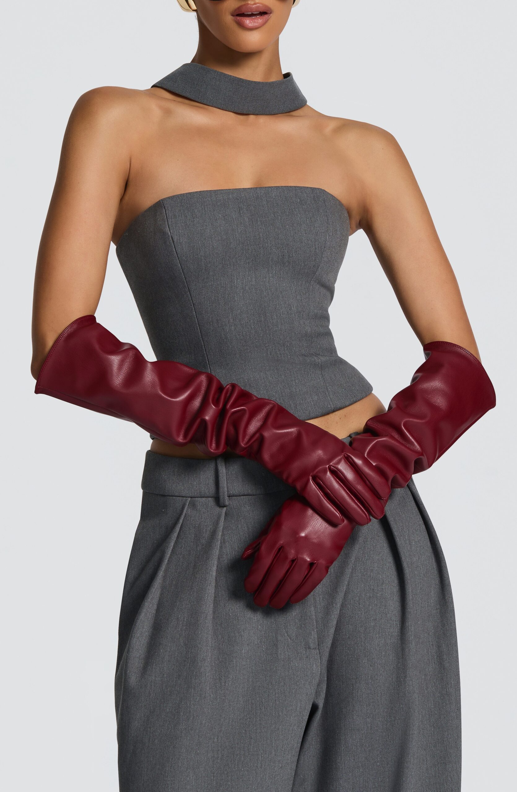 Faux Leather Opera Gloves – Burgundy Long Evening Style