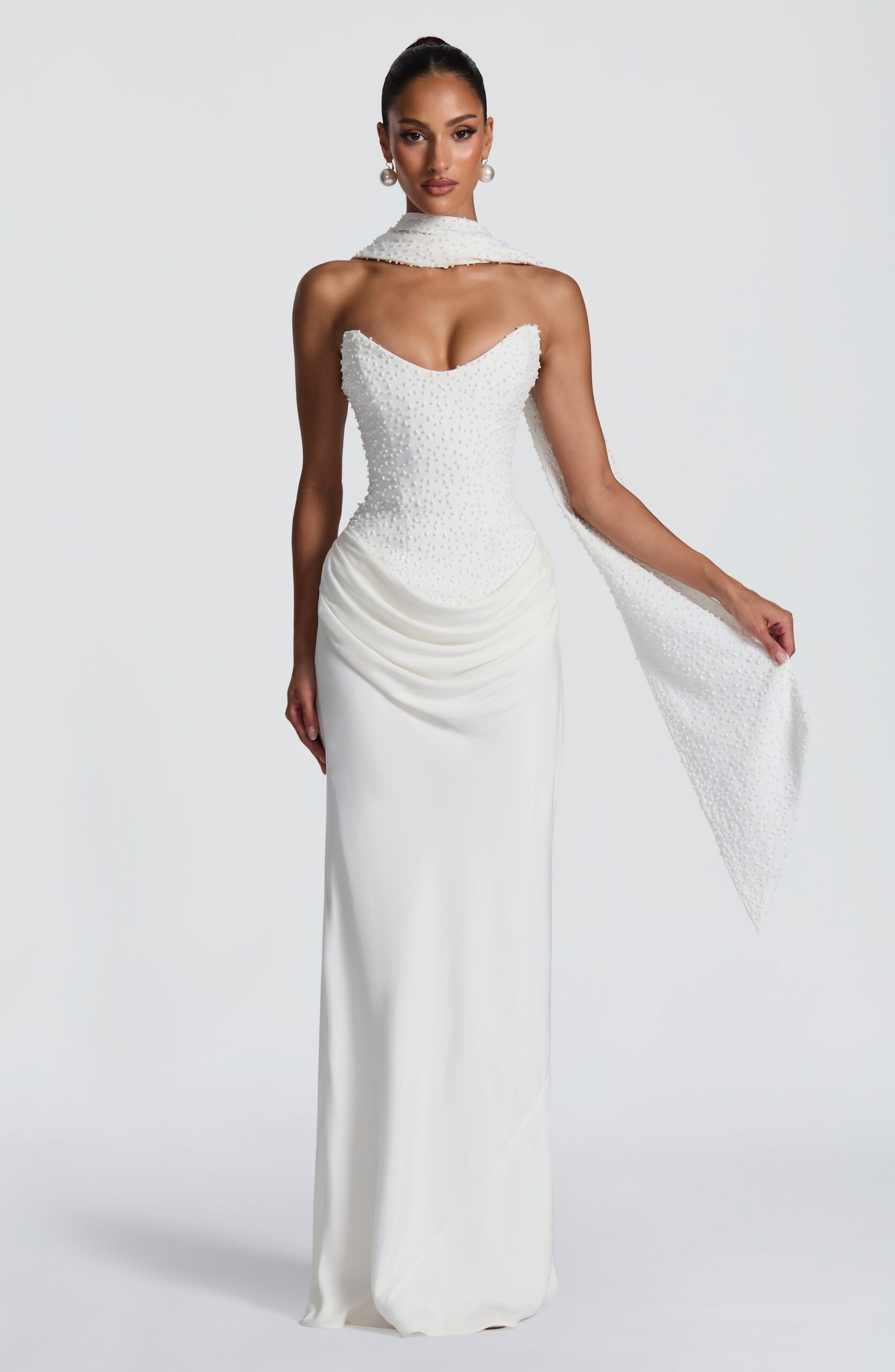 Bridal Pearl Chiffon Scarf Wedding Wrap Ivory - Image 6