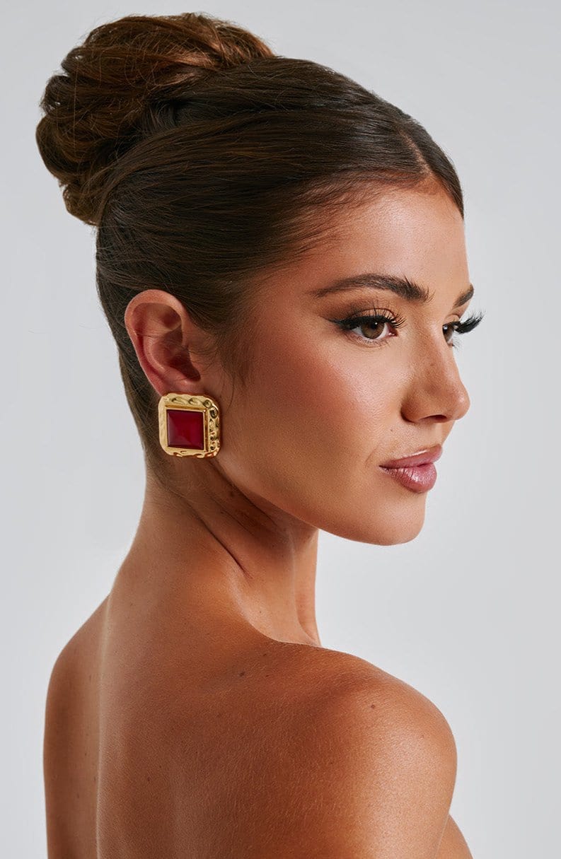Red Gold Square Stud Earrings Metal Resin